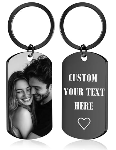 BEXOA EDC Custom Keychain with Picture - Personalized Keychains with Photo Text Customized Engraved Key Chain Customizable Gifts (01 Photo & Text - Black)