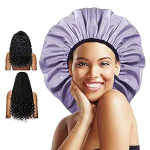 Auban Extra Large Shower Cap, Double-Layer Waterproof Reusable Satin Lining Shower Bonnet for Women Long Hair, Braids, Locs, perms (Purple)