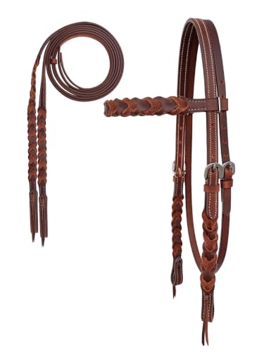 CHALLENGER Pony Western Full-Grain Leather Braided Horse Headstall Bridle w/Reins 78J03-P