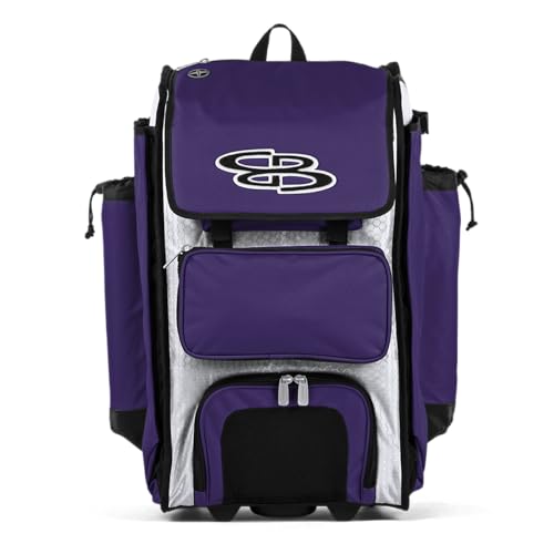 Boombah Rolling Catcher's Superpack Baseball/Softball Gear Bag - 23-1/2" x 13-1/2" x 9-1/2" - BM-9124 White/Purple - Telescopic Handle - Holds 4 Bats - Wheeled Version