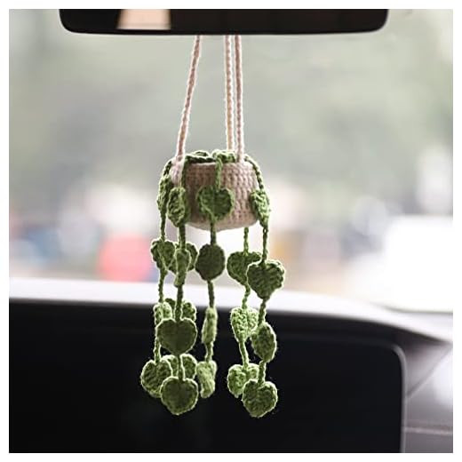 Boho Car Plant Crochet Hanging Basket, Hanging Plant for Car Decor, Car Accessories, Car Ornament Rear View Mirror Accessories Car Ornament (Style 2- Long)