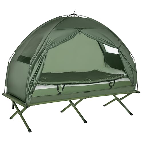 Outsunny Camping Tent Cot, 6-in-1 Folding Tent Cot Combo with Mattress, Pillow, Sleeping Bag, Bed Cover, Roller Carrying Bag, Off Ground Travel Camp Cot for Hiking, Backpacking, Picnic