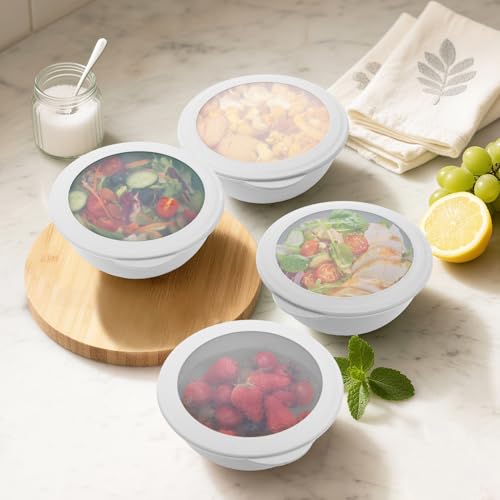 Image of Wheat Straw Bowls Set 40 OZ, Unbreakable Bowls with Dust-Proof Lids Set of 4, Microwave & Dishwasher Safe, Alternative Reusable Plastic Bowl for Cereal, Soup, Salad and Ramen, White