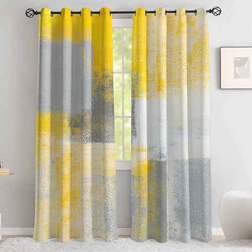 Image of Yellow Window Curtain Yellow Grey Abstract Thermal Insulating Drapes Rust Art Treatment Drapes Modern Curtains for Living Room Bedroom Hotel, 52 inch x 63 inch, 2 Panels