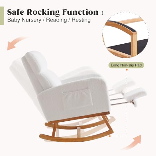 Image of HCHAIRH Rocking Chair Nursery with Foot Rest, Nursing Rocking Chairs for Mom Nursery, Teddy Rocker Glider with High Backrest for Living Room, Bedroom, White