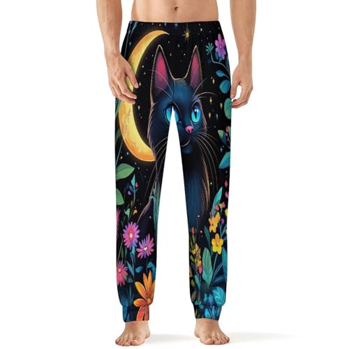 Black Cat With Flowers Men's Pajamas Pants Lightweight Sleep Lounge Pant Pjs Bottoms Casual Sleepwear