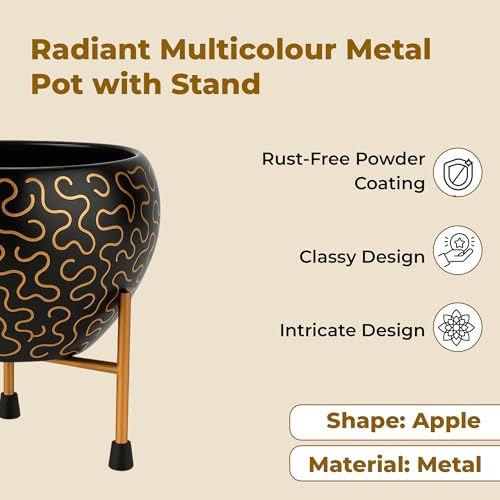 Image of Natural Earth Metal Flower Vase Planter Pot with Iron Stand | Decorative Plant Cachepot for Indoor & Outdoor Use | Succulent Pot for Home & Garden Decor (Black Golden Wave)