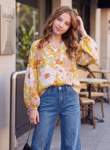 Image of blibean Girls Flower Bell Long Sleeve Blouse Fall Floral Shirts 4-15 Years
