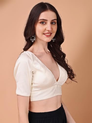 Image of Womanista Women's Dupion Silk Half Sleeve Solid V Neck Readymade Saree Blouse Stylish