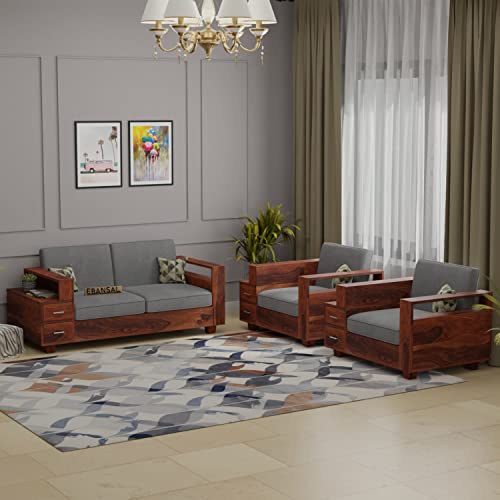 Image of Solid Sheesham Wood Sofa Set 4 Seater, Wooden Sofa Set, Sofa Set 2+1+1, Sofa Sets for Living Room, Four Seater Sofa Set with Attached End Table, 6 Drawer Storage, Rosewood, Honey Finish