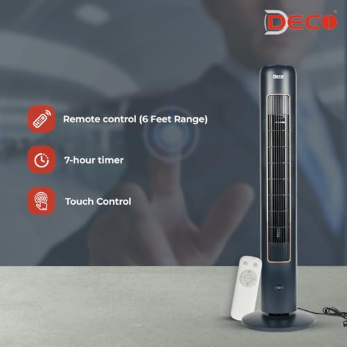 Image of DECO Zephyr Indoor Tower Fan with Touch Remote (Dark Blue, 40 W) | 3 Wind Modes, 3 Speed Settings | Internal Oscillation, Large