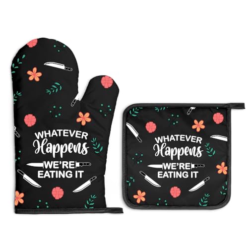 Gkodw Whatever Happens We Are Eating It Oven Mitts And Pot Holders Sets, Funny Oven Mitts for Men Women, Hostess Gifts for Chef Mom, Housewarming Present for Baker, Baking Gifts for Cooking Enthusiast
