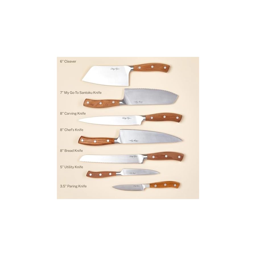 Cravings Essential 8-Piece Kitchen Knife Set with Slim Ashwood Storage Block, Full-Tang Design, Wooden Knife Block with Santoku, Carving, Bread, Utility, Chef’s, Cleaver, and Paring Knives