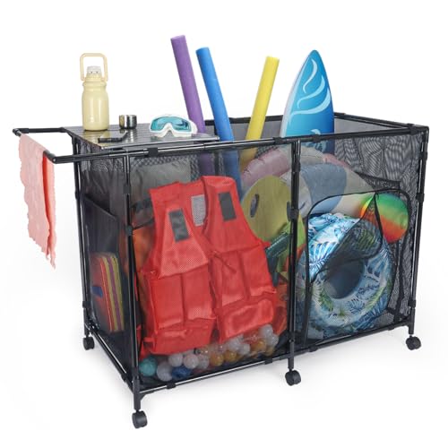 Arejonner 152Gal Pool Float Storage with Tabletop Towel Bar Zipper Doors 360 Rotating Wheels Weather Resistant Easy Assembly for Indoor Outdoor Pool Patio Beach (M)