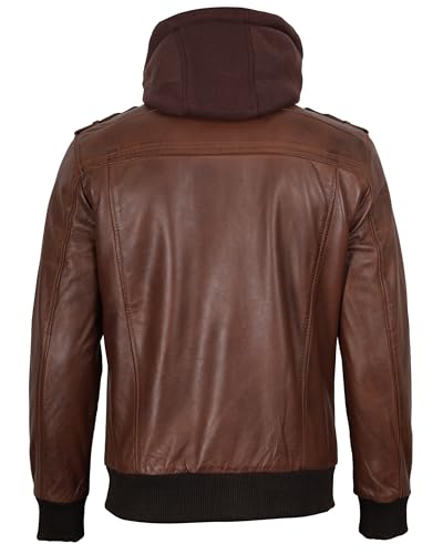 Image of fjackets Men Hooded Leather Jacket - Real Lambskin Men's Bomber Leather Jackets with Detachable Hood Stylish Casual Outerwear