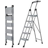 XinSunho 5 Step Ladder, Foldable Step Stool Ladder with Handrails & Tray, 660 lbs Heavy Duty Wide Pedals, Sturdy Steel Folding Ladder for Kitchen, Home, and Household Use (Silver, 5 Step)