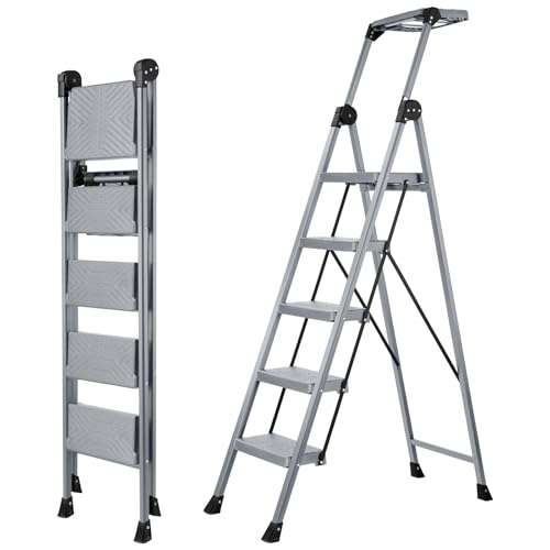 XinSunho 5 Step Ladder, Foldable Step Stool Ladder with Handrails & Tray, 660 lbs Heavy Duty Wide Pedals, Sturdy Steel Folding Ladder for Kitchen, Home, and Household Use (Silver, 5 Step)