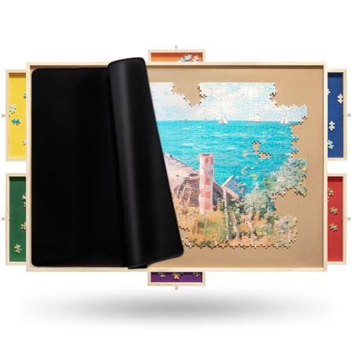 Rnice 1500 Rotating Puzzle Board Pro, with 6 Drawers, Rubber Cover Mat, 34' x 25', 360° Lasy Susan, Sort-Wise Colorful Felt Drawers & 4 Trays, Wooden Jigsaw Puzzle Table, Birthday Gifts for Mom