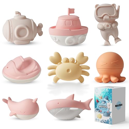 Image of MarcZero Ocean Silicone Bath Toys 8Pcs for Toddlers Kids Babies,Bathtub Water Toys,Soft Squeezable Easy-Grip Pool Toys Set (Pink)