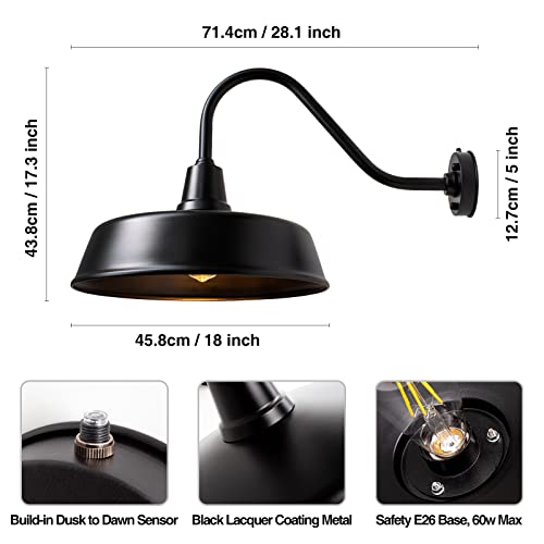Image of 18 Inch Diameter Dusk to Dawn Barn Light Outdoor Gooseneck Lighting | 2 Pack, Black, Exterior Barn Lights for House, Farmhouse Wall Lighting Fixtures with Sensor, For Porch Garage, Waterproof