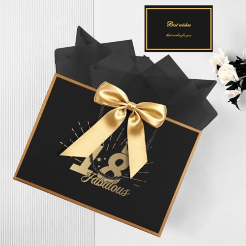 AOOSU Geschenktüte Geburtstag, Papier Geschenktüten mit Schleife + 1 Grußkarten + 3 Seidenpapier, Schwarz Geschenktaschen mit Henkel, Frauen Männer Birthday Gift Bag, Geschenkverpackung für Geschenk