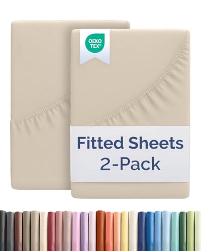 Twin Size Fitted Bed Sheet - Pack of 2 Single Fitted Bottom Sheet Only - Fits Mattress Up to 16 Deep Pockets - Extra Soft Breathable & Cooling - Hotel Quality Fade Shrink & Wrinkle Free - Wheat