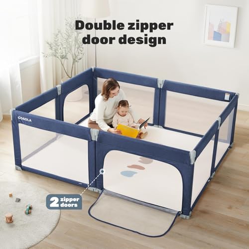 Image of Foldable Baby Playpen, Shape & Size Adjustable Playpen for Toddler, 79x71 Large Play Pens Safety Mesh Foldable Playard for Babies, Portable Baby Fence Play Area Kids Play Pen, Blue
