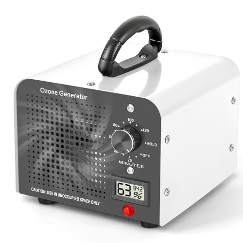 Generador de Ozono 60000mg/h, Máquina de Ozono con Indicador de Temperatura y Humedad, Desinfectador de Ozono Purificador de Aire con Temporizador, Ozonizador para Hogar, Coche, Mascotas (Blanco)