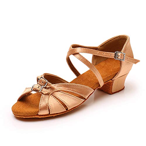 SWDZM Girls Latin Dance Shoes peep Toe Ballroom Modern Salsa Party Wedding Performance Practice Dance Shoes,Heel-1.18'',Model-WHD28, Pink, 8 US