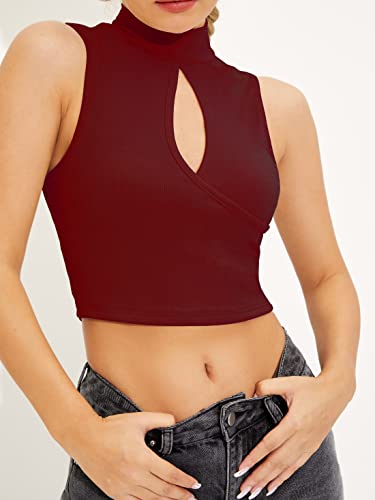 Image of Shasmi Women's & Girl's Black and Maroon Solid Ribbed High Neck Stand Collar Sleeveless Slim Fit Cut Out Tank Tops (Top 43)