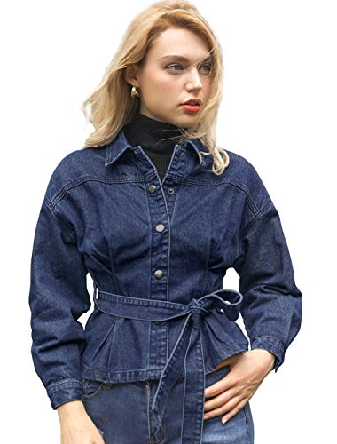 Allegra K Women's Denim Jacket Long Sleeve Belted Cropped Button Down Jean Jackets X-Large Navy Blue