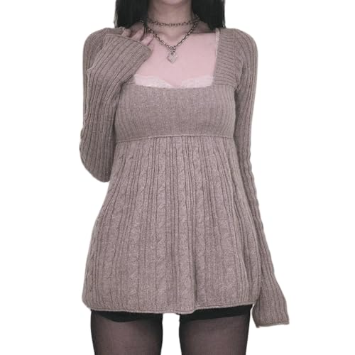 Y2K Fairy Tunic Long Sleeve Knitted Tops Square Neck Low Cut Peplum Ruffle Hem Sweater Harajuku Going Out Knitwear