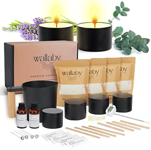 Luxury Modern Candle Making Kit with Premium 100% Natural Soy Wax and 4 Large 8oz Minimalist Black Tins, DIY Candle Making Kit and Gift for Adults and Beginners