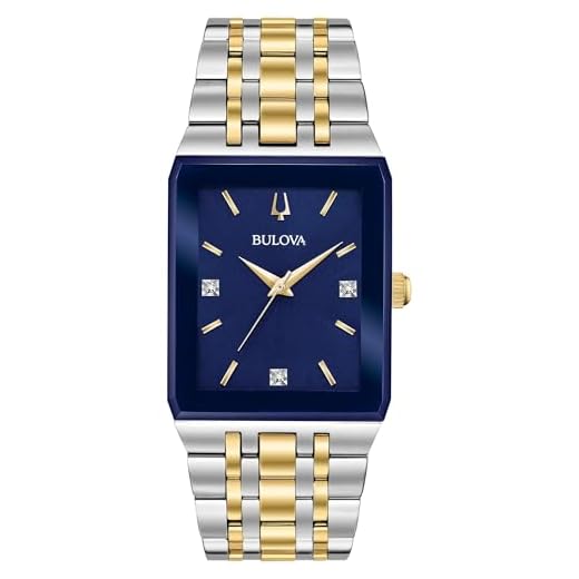 Bulova Men's Modern Two-Tone Stainless 3-Hand Quartz Watch, Blue Rectangle Dial with Diamonds Style: 98D154