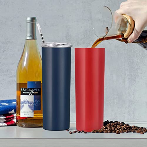 Stainless Steel Skinny Tumbler, 4 Pack Double Wall Insulated Tumblers With Lid Straw, 20Oz Slim Vacuum Travel Mug For Coffee Drinks, Rose Gold Red Navy Blue Black #TOP5