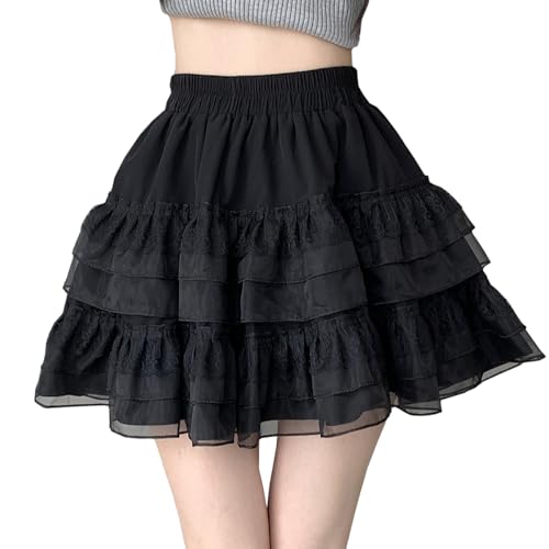 kakarin choyx Womens Fashion Mini Skirt Y2K Casual High Waist A-Line Elastic Waist Lace Puffy Skirt M Black