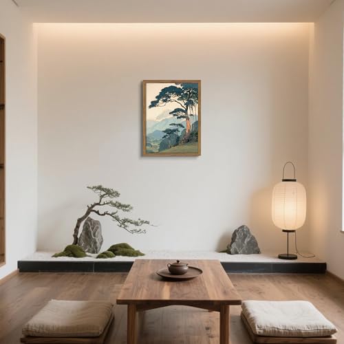 Image of Vintage Japanese Forest Framed Canvas Wall Art - Tranquil Mountain Landscape Painting Print, Retro Nature Tree Scene Decor for Living Room Bedroom Nursery Office Home 16x24 inch