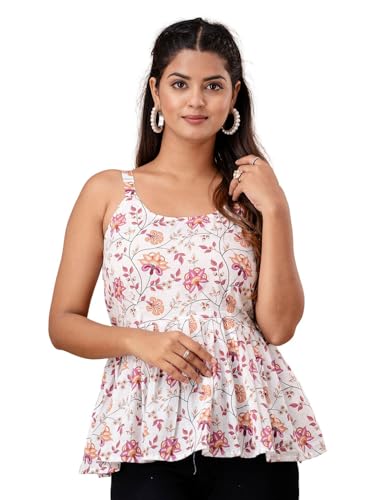 Image of feranoid Women Cotton Printed Sleeveless Strap Peplum Top