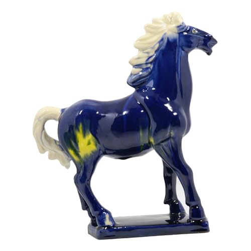 Ceramic Horse Sculpture -9 inch Hand Made Tang Tri-Color China Cultural Art Piece,Museum Collection Inspired Home and Office Decor (Blue)