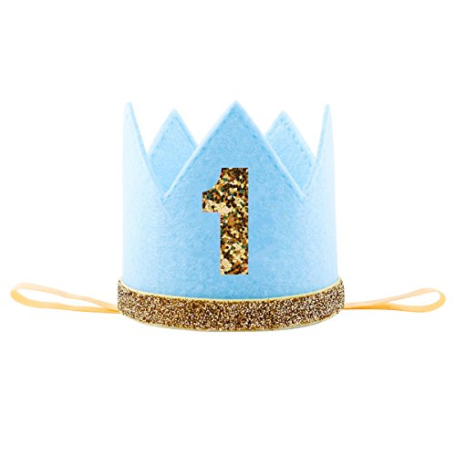 Floral Fall Baby Girl and Boy 1st Birthday Hat Photo Prop Sparkly Gold Crown Elastic Headbands HG-05 (Blue 1)