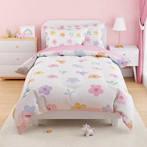 Image of SANDJEST Floral Comforter Set Full Size 98x86in for Kids Girls, Microfiber 4 Pieces Bedding Set Includes 1 Comforter, 2 Pillowcases, 1 Fitted Sheet, Nursery Room Decor