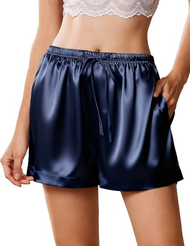 Image of Ekouaer Womens Silk Satin Pajama Short 2026 Summer Casual Sleep Shorts Lounge Sleep Pj Short with Pockets Soft Lounge Shorts
