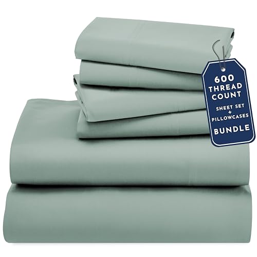 6 Piece California King Size Sheet Set with 4 Pillowcases, 600 Thread Count 100% Cotton Sateen (Sage Green - Cool Tone)