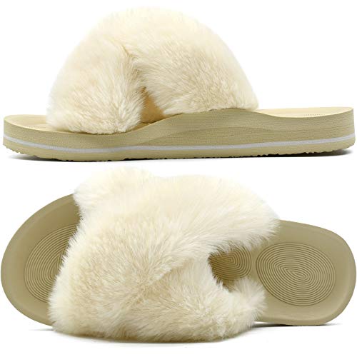 Coface Womens Fuzzy Slides Fluffy Fax Fur Cross Slippers Open Toe Yoga Mat House Slippers Sandals With Arch Support For Indoor/Outdoor #TOP25