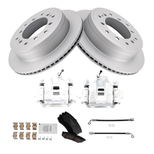 Image of TRQ Rear Brake Pad and Rotor Set Ceramic G Coated Rotors Calipers Compatible with 2010-2014 Toyota FJ Cruiser