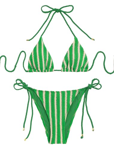 Image of ZAFUL 2 Piece Triangle Bikini for Women Knitted Rope Halter Bikini Sets Sexy Bathing Suit Side Tie Swimsuits Beachwear