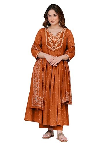 Image of Arayna Women's 100% Pure Cotton Anarkali Kurta Set with Pant & Dupatta | Embroidered Flared Kurta | Elegant Ethnic Suit
