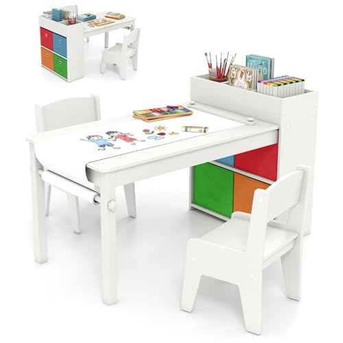 Image of Costzon Kids Table and Chairs, 3-in-1 Wooden Art Drawing Desk Set (White) | Toddler Table w / 4 Fabric Bins, Multiple Open Storage Compartments & a Paper Roll for Painting, Writing, Reading, Craft