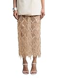 MakeMeChic Women's Sequin Midi Skirts Sheer Fringe Glitter Sparkly Party Club Cover Up Pencil Skirts Champagne Medium