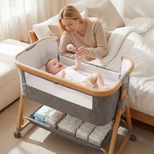PlayPals 3-in-1 Baby Bassinet with Mattress, 6 Height Adjustable, Storage Basket, Mosquito Net & Lockable Wheels, Baby Bassinet Bedside Sleeper Suitable for Babies 0-18 Months Old, Grey